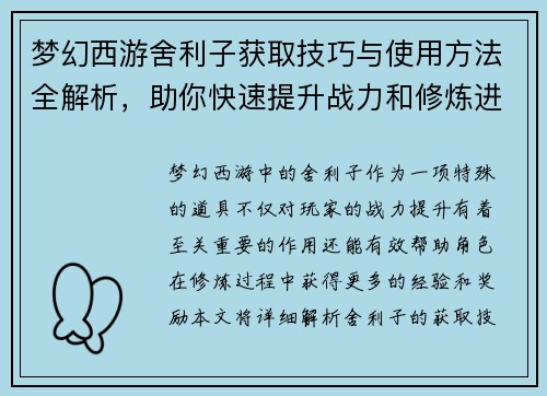 梦幻西游舍利子获取技巧与使用方法全解析，助你快速提升战力和修炼进度